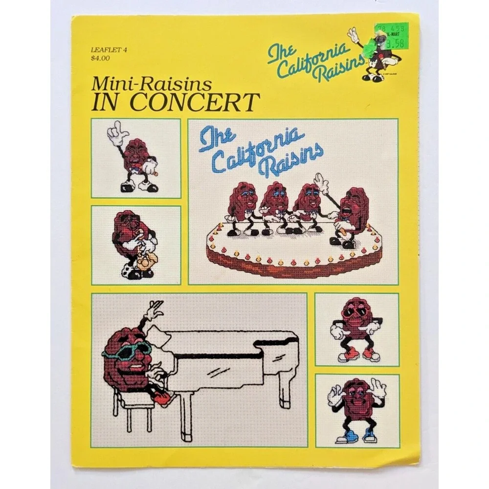 Vintage The California Raisins Cross Stitch Leaflet # 4 Mini-Raisins In‎ Concert